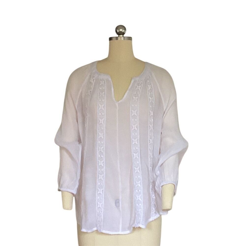 Counter Parts Women's M White Boho Peasant Blouse 3/4 Sleeve Scoop Neck